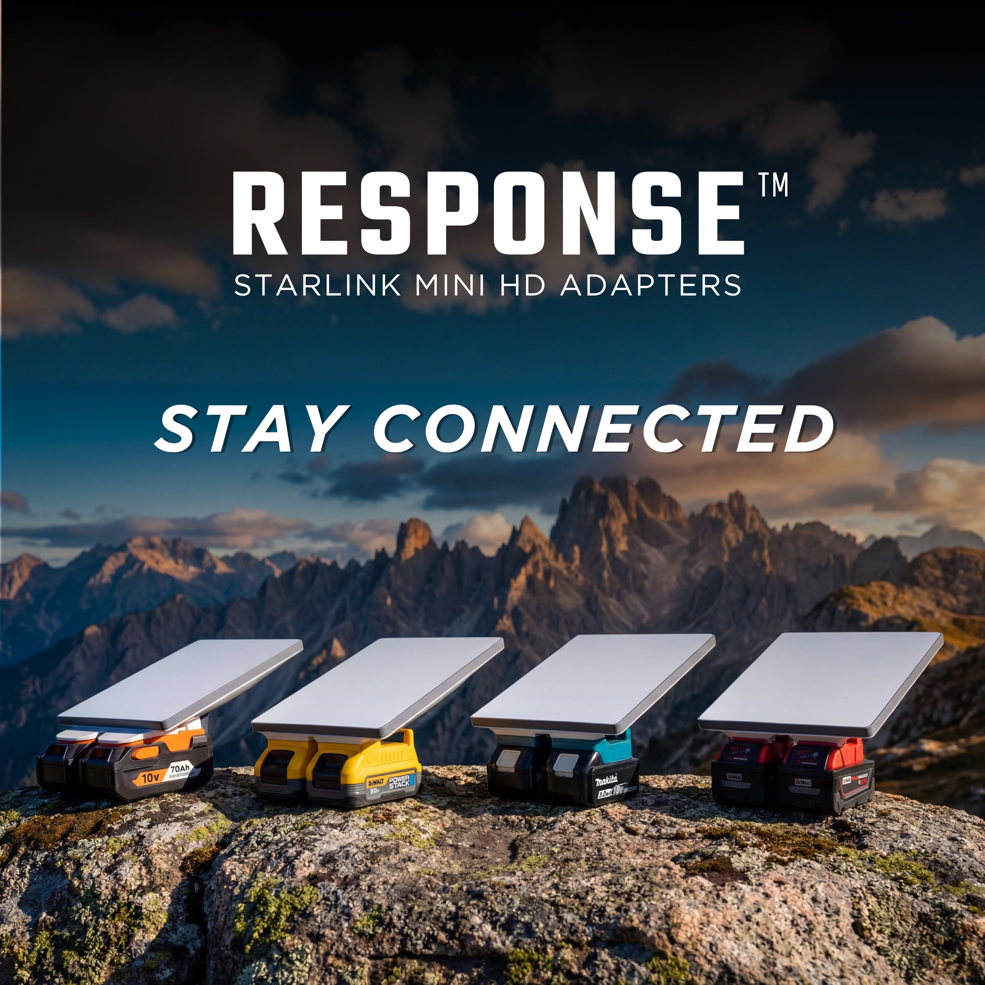 Starlink Mini HD adapters on a mountain with 'Response' and 'Stay Connected' text.