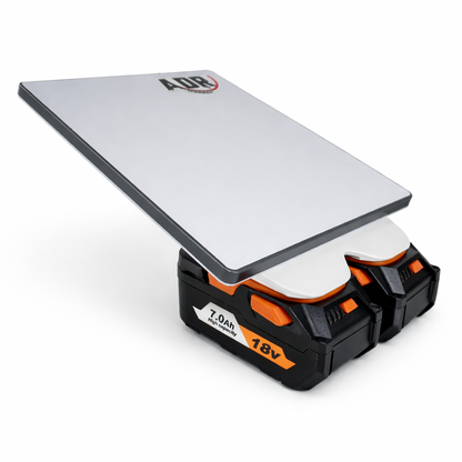 Mini Response™ Ridgid battery adapter powering Starlink Mini using dual Ridgid 18V batteries on a neutral background